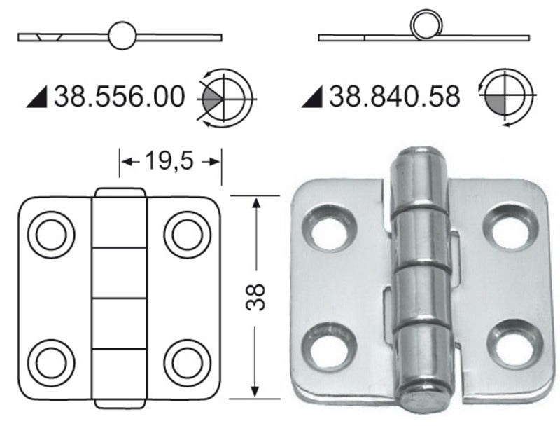 S.S hengsel 38x39 mm
